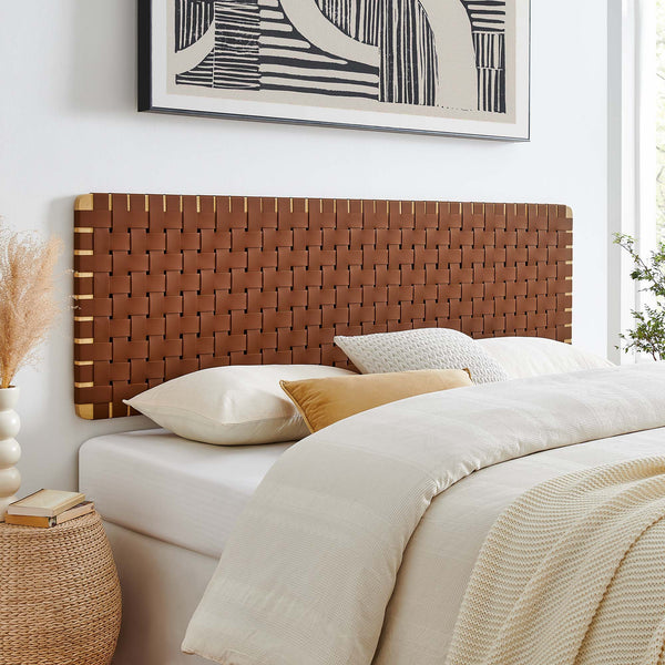 Sparta Weave Wall-Mount Vegan Leather Headboard - King, Natural Brown