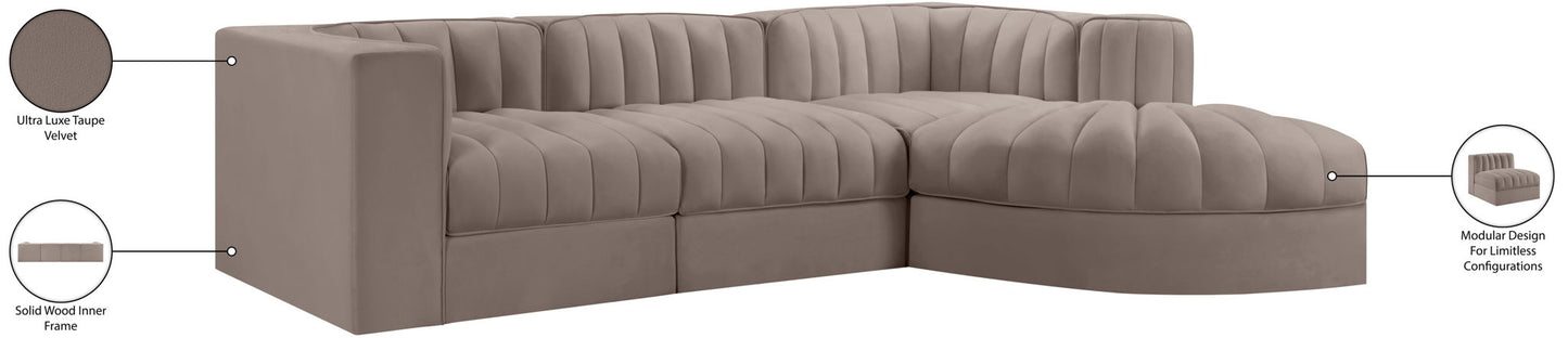 Rummi - Velvet Performance Fabric Upholstered 4 Piece Modular Sectional, With Reverse Corner Chair