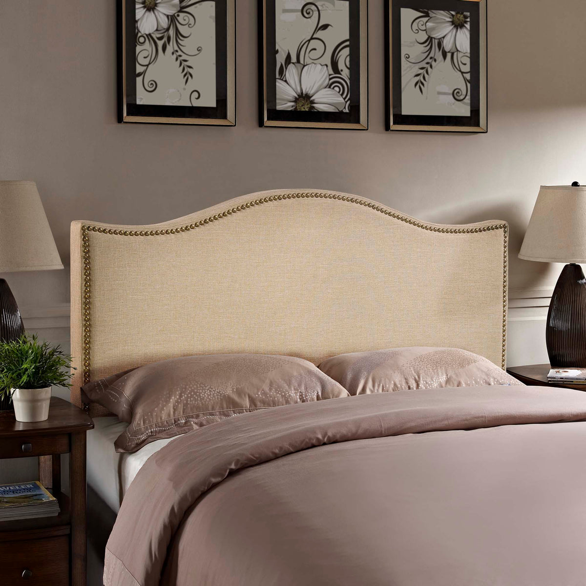 Curl Nailhead Upholstered Headboard - Queen, Cafe
