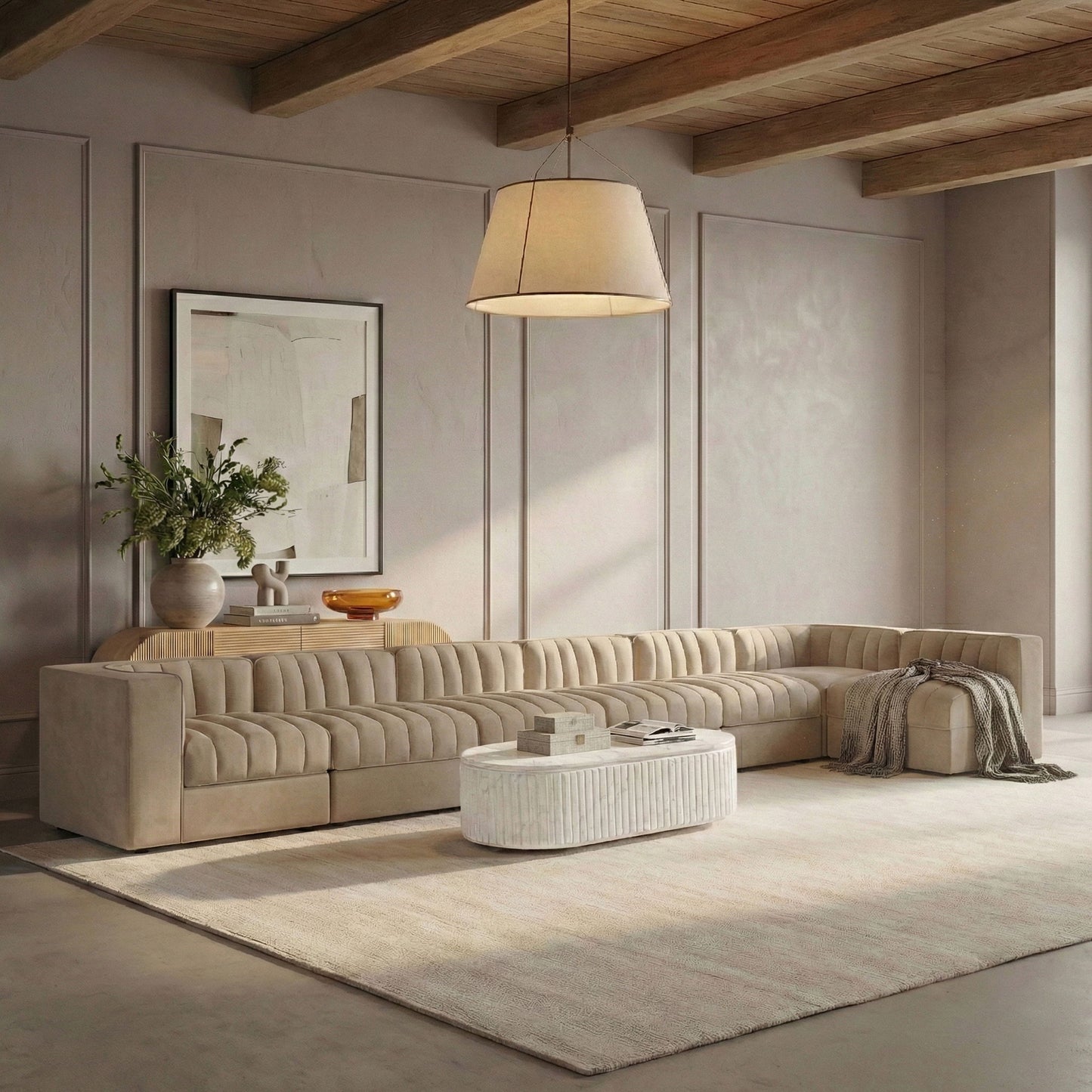 Rummi - Velvet Performance Fabric Upholstered 7 Piece Modular Sectional, L-Shaped (Right)