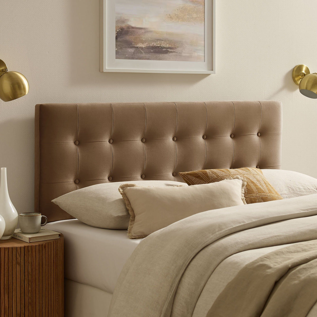 Emily Biscuit Tufted Performance Velvet Headboard - Full, Taupe