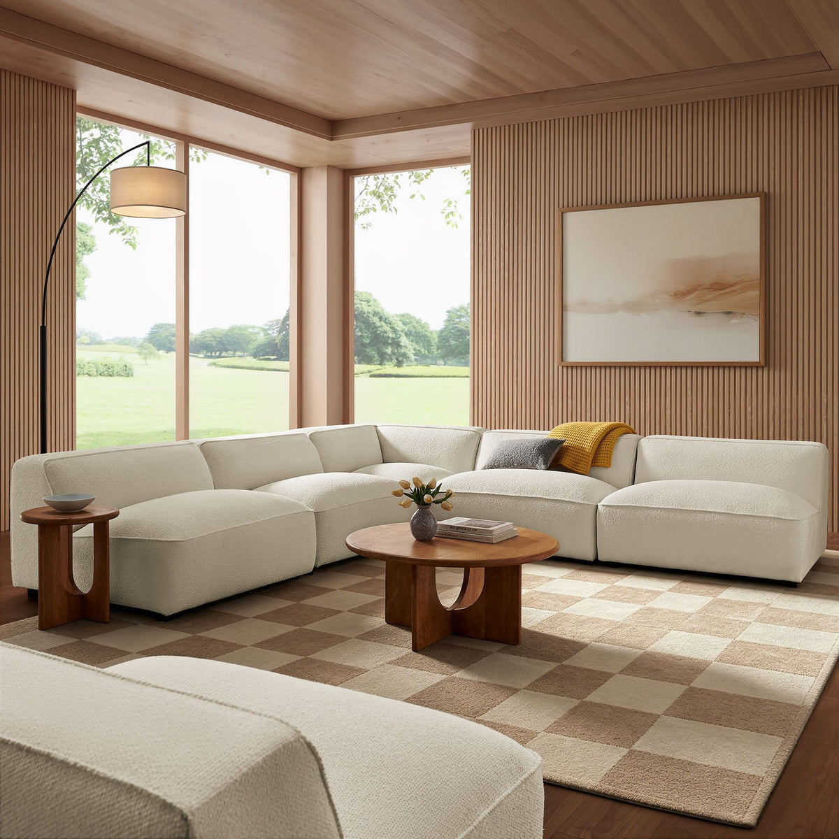 Auren 5 Piece Lattice Boucle Upholstered Modular Corner Sectional - Cream