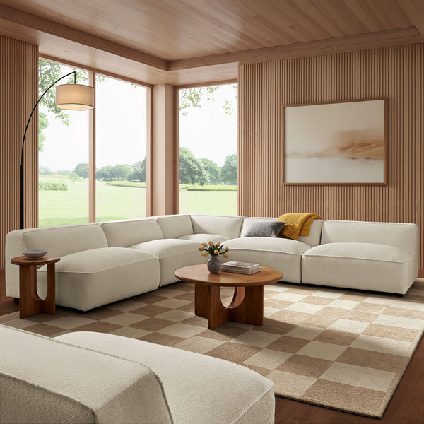 Auren 5 Piece Lattice Boucle Upholstered Modular Corner Sectional - Cream