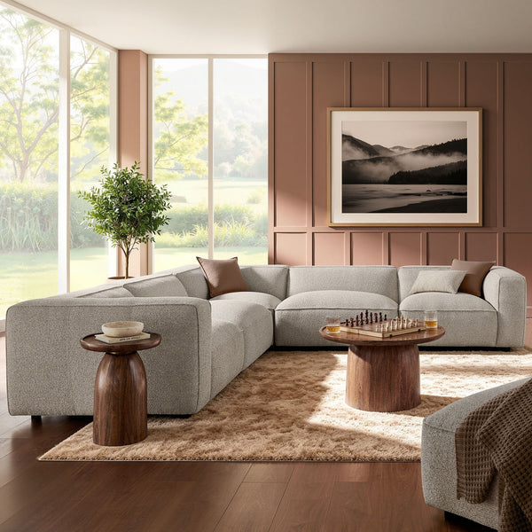 Auren 5 Piece Lattice Boucle Upholstered Modular Corner Sectional - Fog
