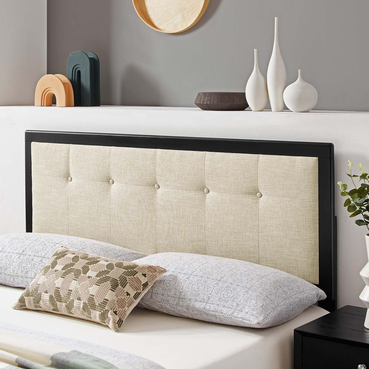 Draper Tufted Fabric and Wood Headboard - King, Black Beige