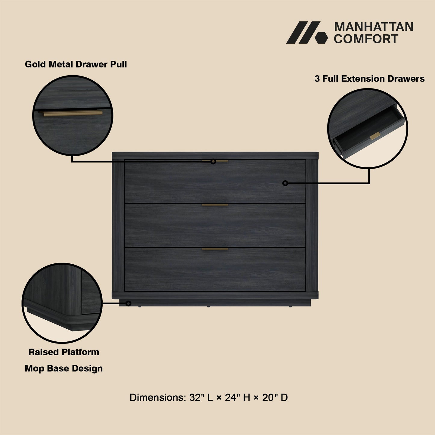 Manhattan Evelyn - 3-Drawer Wooden Nightstand