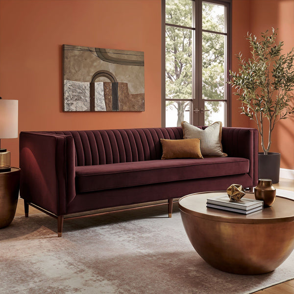 Devote 93 Inch Performance Velvet Channel Tufted Sofa - Mulberry