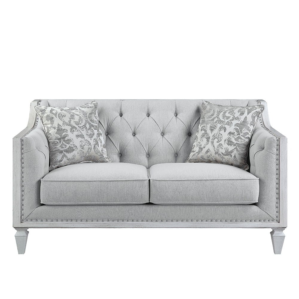 Katia - Loveseat With 2 Pillows - Light Gray Linen & Weathered White