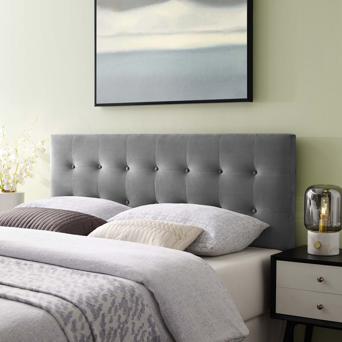 Emily Biscuit Tufted Performance Velvet Headboard - King, Gray