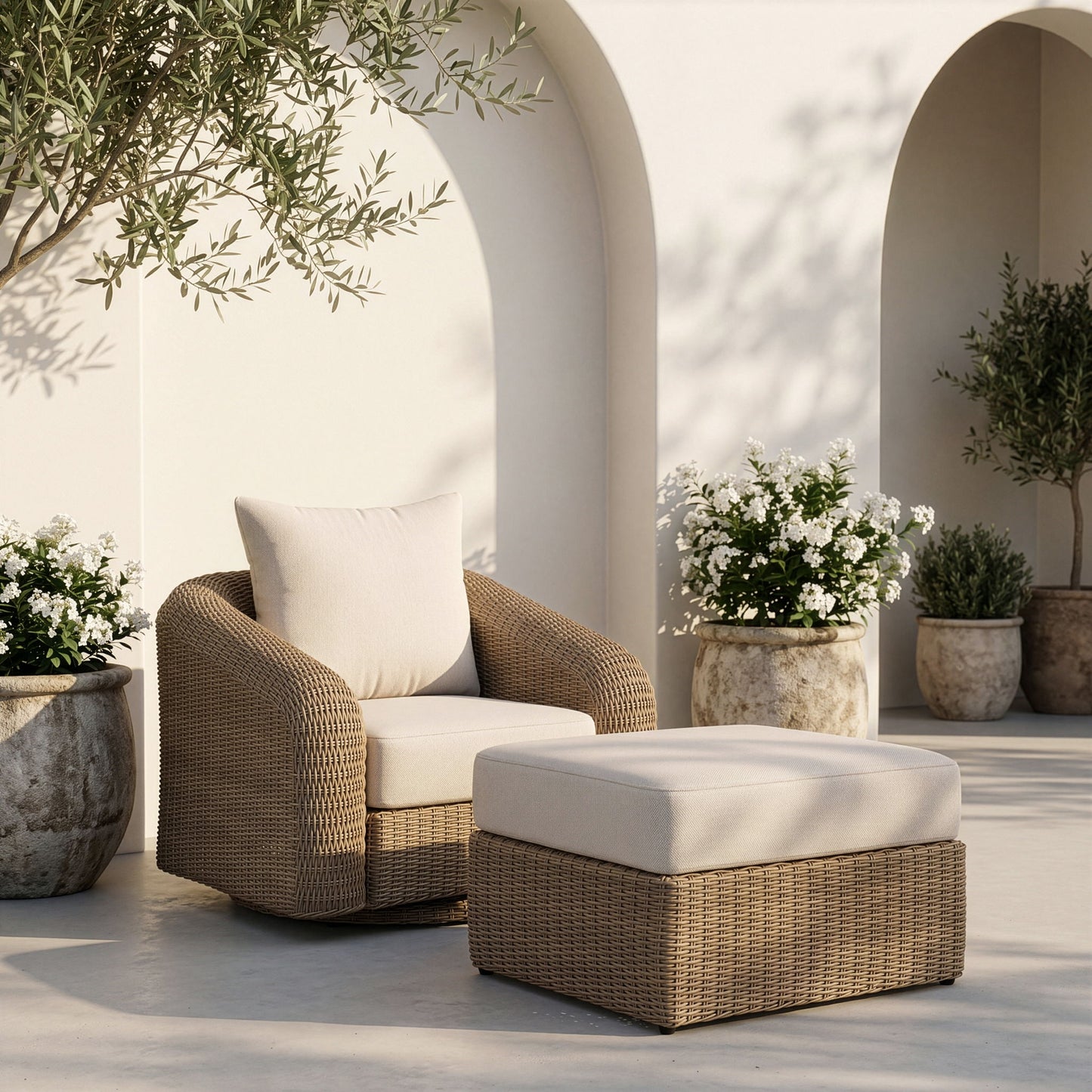 Seacrest - Olefin Water Resistant Fabric And Wicker Outdoor Patio Ottoman/Coffee Table