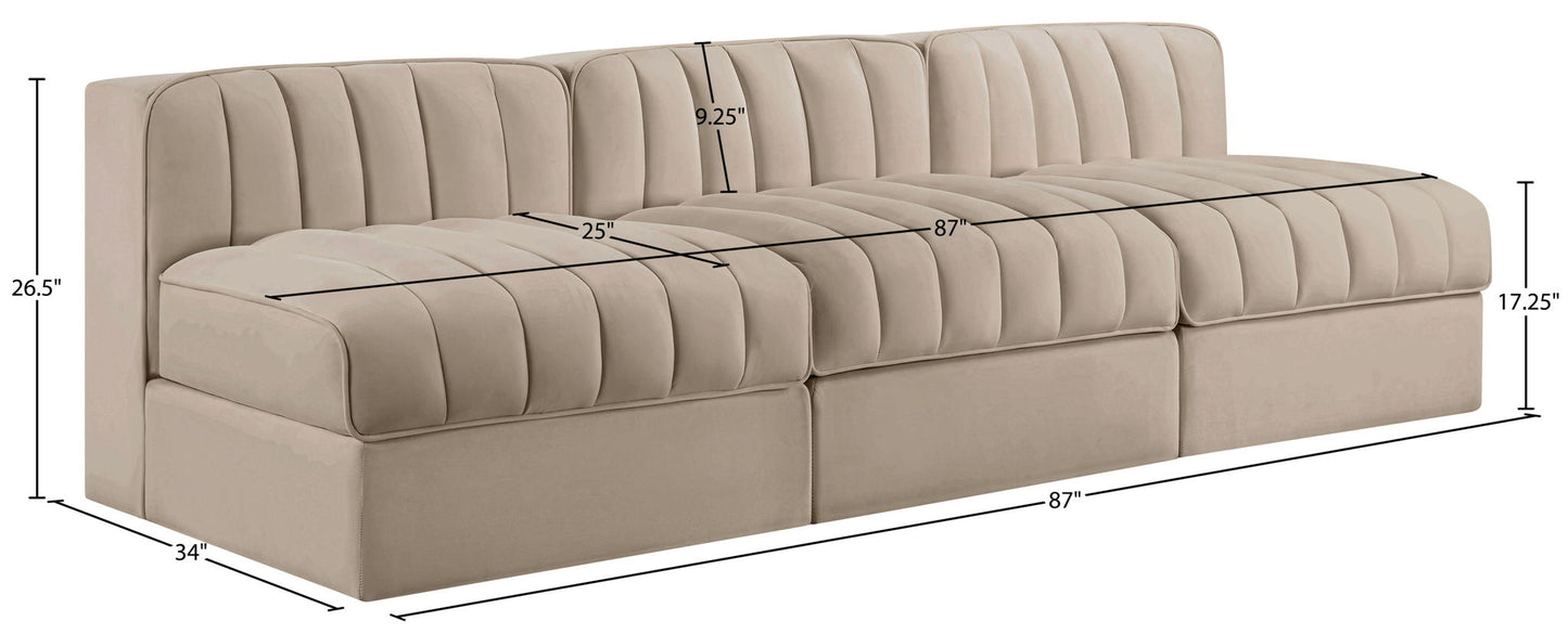 Rummi - Velvet Performance Fabric Upholstered 3 Piece Modular Armless Sofa