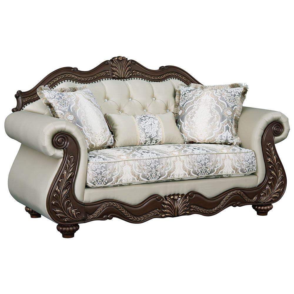 Pierce - Loveseat With 3 Pillows - Beige Fabric & Cherry