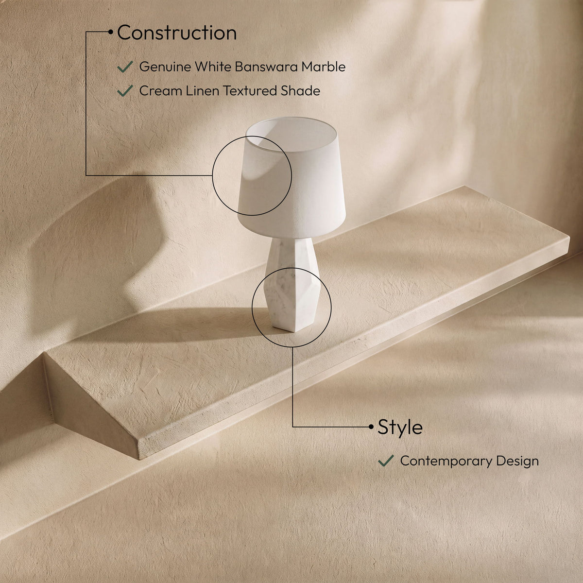 Seraphine - Genuine Marble And Linen Textured Fabric Table Lamp