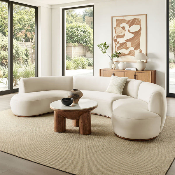 Rialta 3 Piece Curved Performance Velvet Sectional Sofa - Alabaster