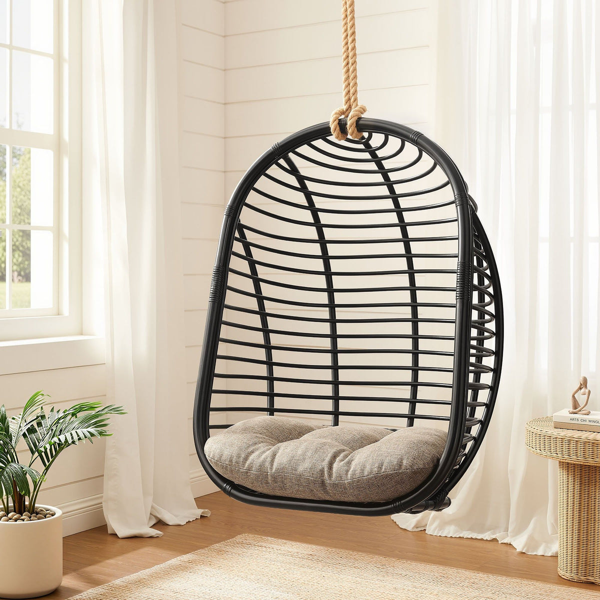 Neve Open Rib Weave Natural Rattan Hanging Chair - Black