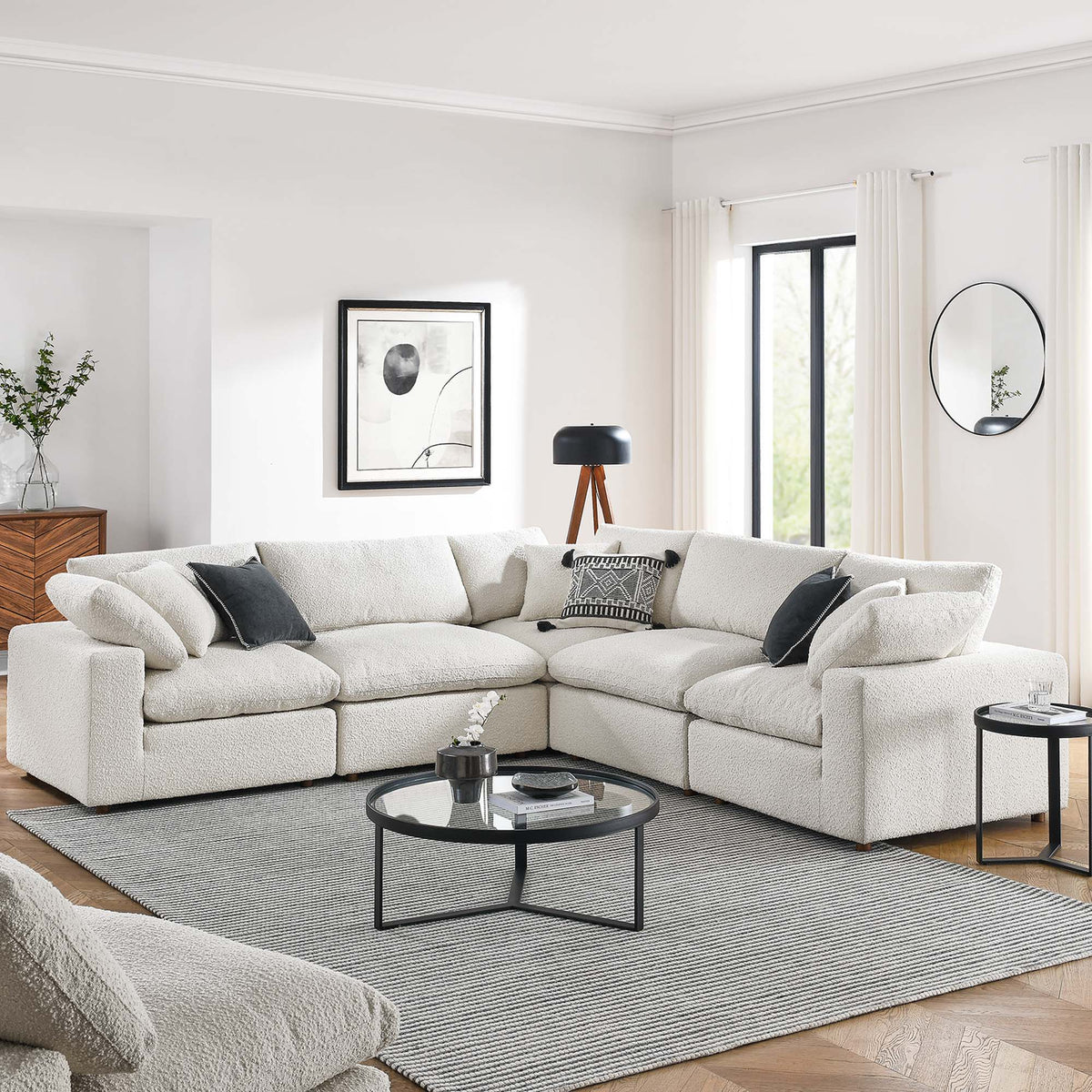 Commix Down Filled Overstuffed Boucle 5-Piece Sectional Sofa - Ivory