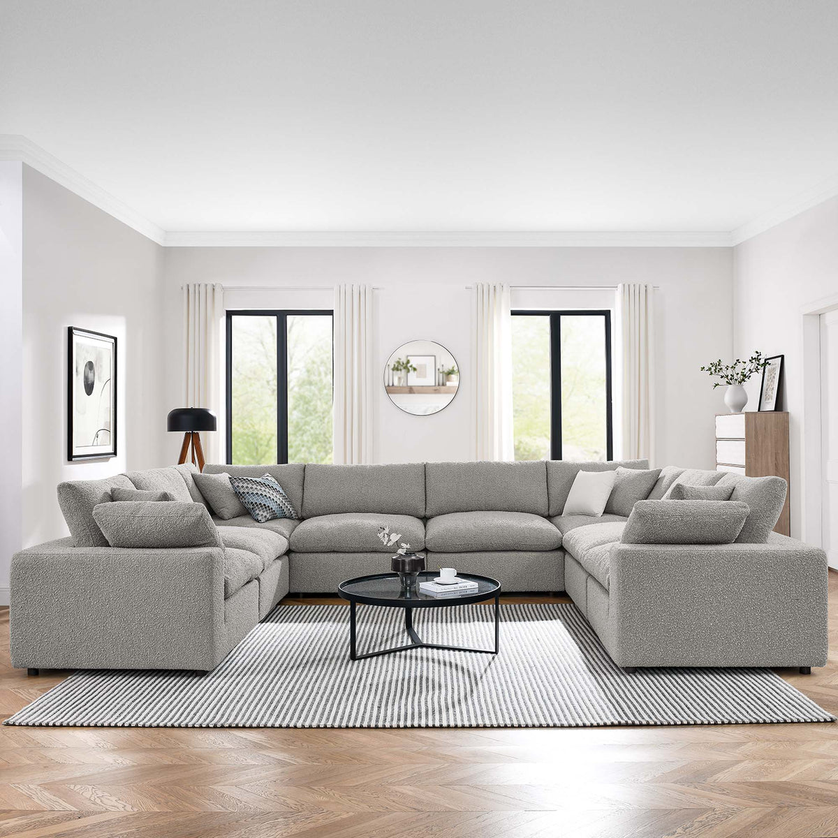 Commix Down Filled Overstuffed Boucle Fabric 8-Piece Sectional Sofa - Light Gray