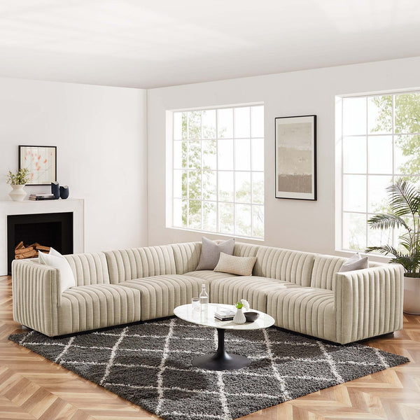 Conjure 5-Piece Channel Tufted Upholstered Fabric L-Shaped Sectional - Black Beige