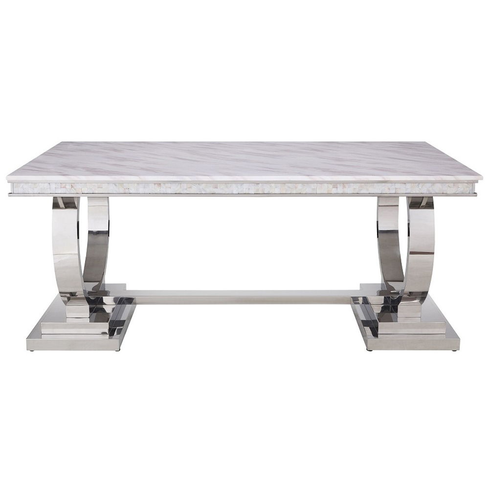 Zander - Dining Table - White Printed Faux Marble Top & Mirrored Silver