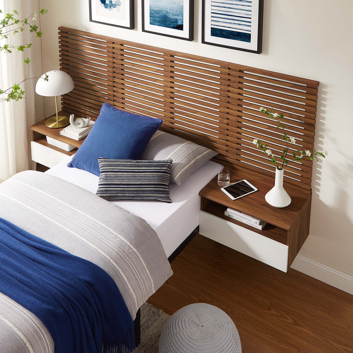 Render Wall Mount Headboard and Modern Nightstands - Twin, Walnut