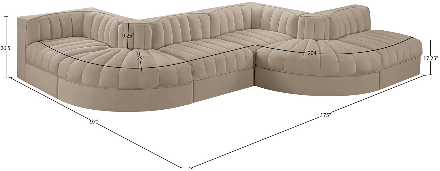 Rummi - Rounded Velvet Performance Fabric Upholstered 6 Piece Modular Sectional