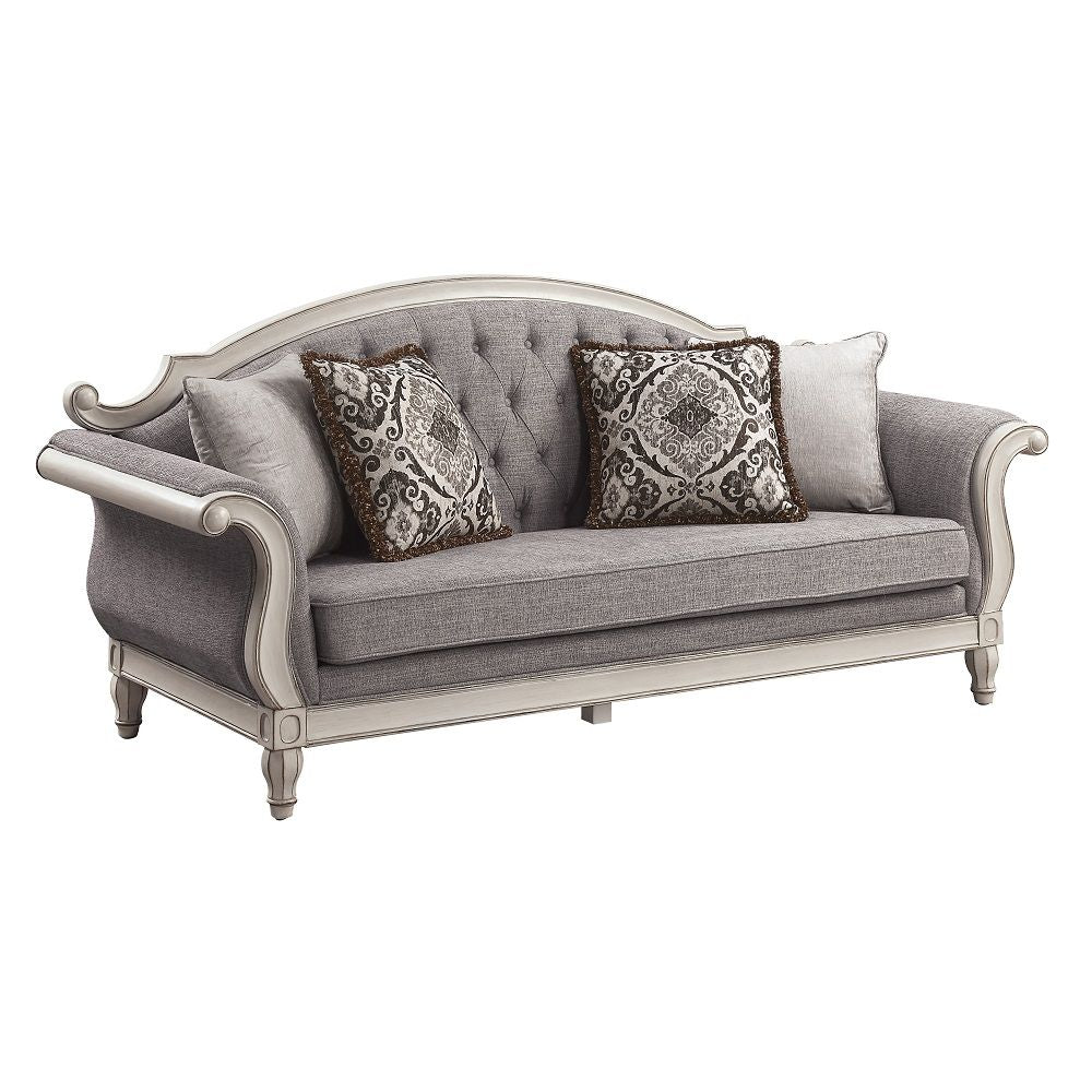 Florian - Sofa With 4 Pillows - Gray Fabric & Antique White
