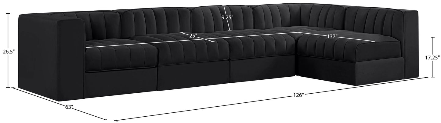 Rummi - Velvet Performance Fabric Upholstered 5 Piece Modular Sectional, L-Shaped (Right)