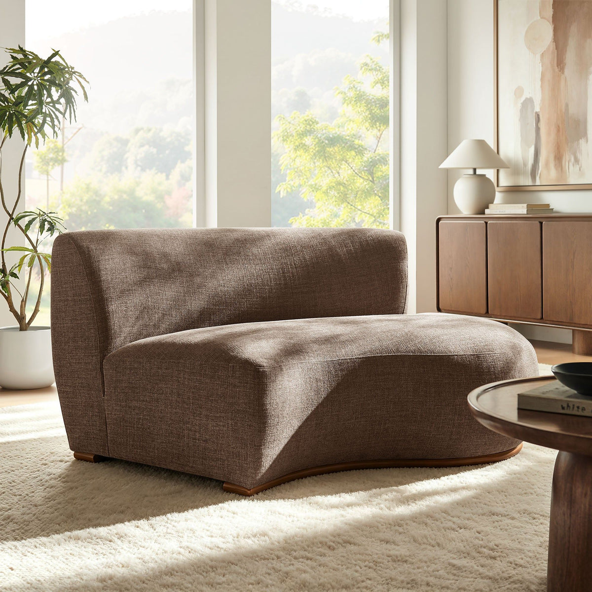 Rialta Curved Right-Arm Slub Weave Fabric Sectional Loveseat - Mocha