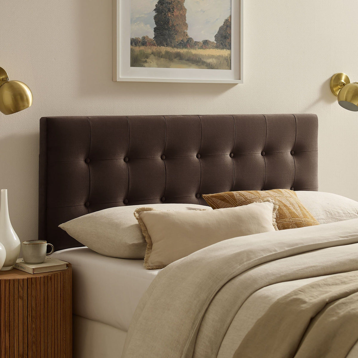 Emily Biscuit Tufted Performance Velvet Headboard - Queen, Chocolate Brown