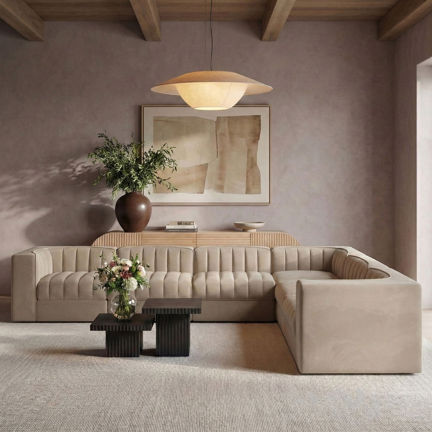 Rummi - Symmetrical Velvet Performance Fabric Upholstered 7 Piece Modular Sectional (With 3 Corner Chairs)