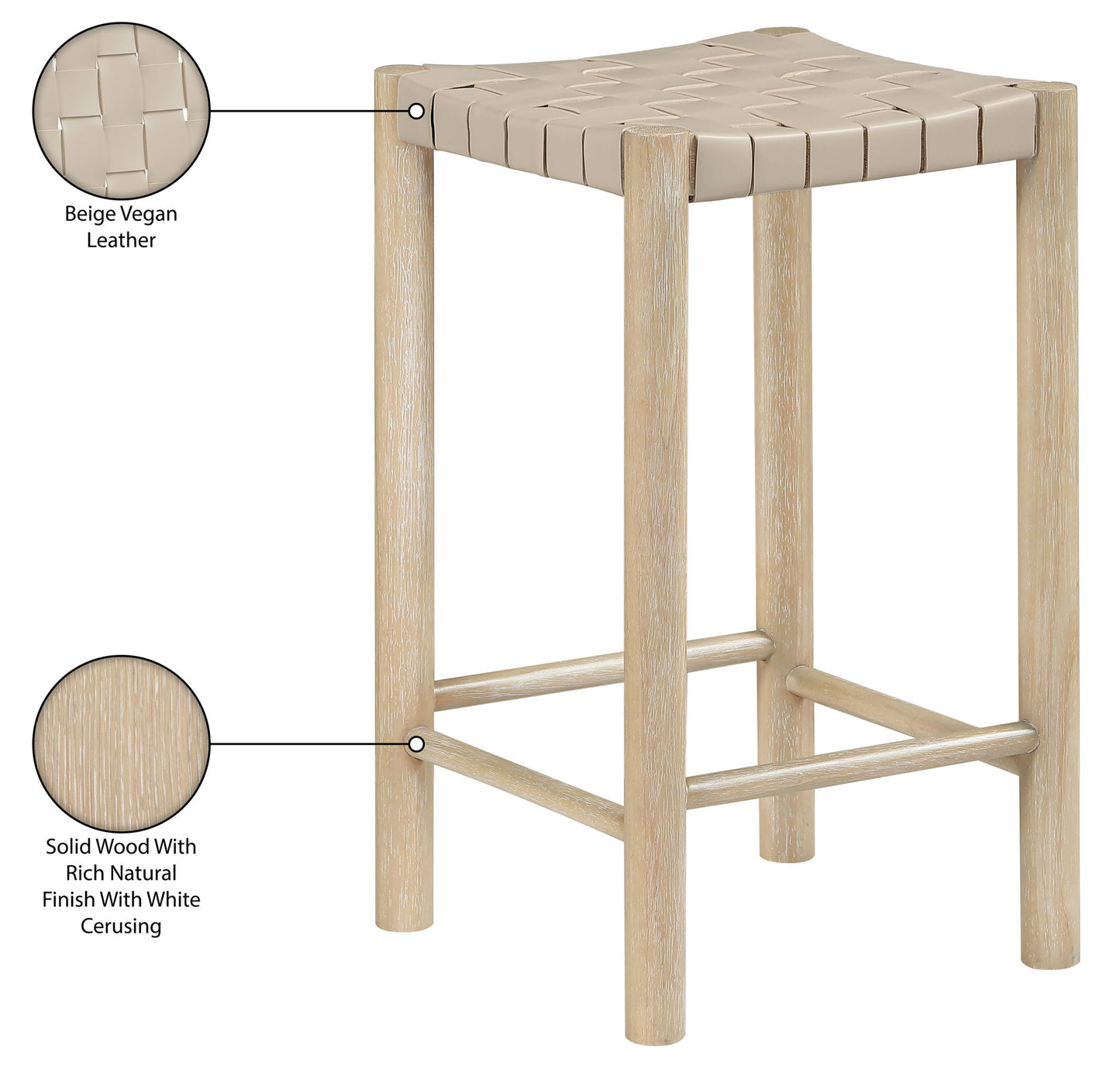Entwine - Vegan Leather Upholstered Backless Counter Stool - Painted Natural