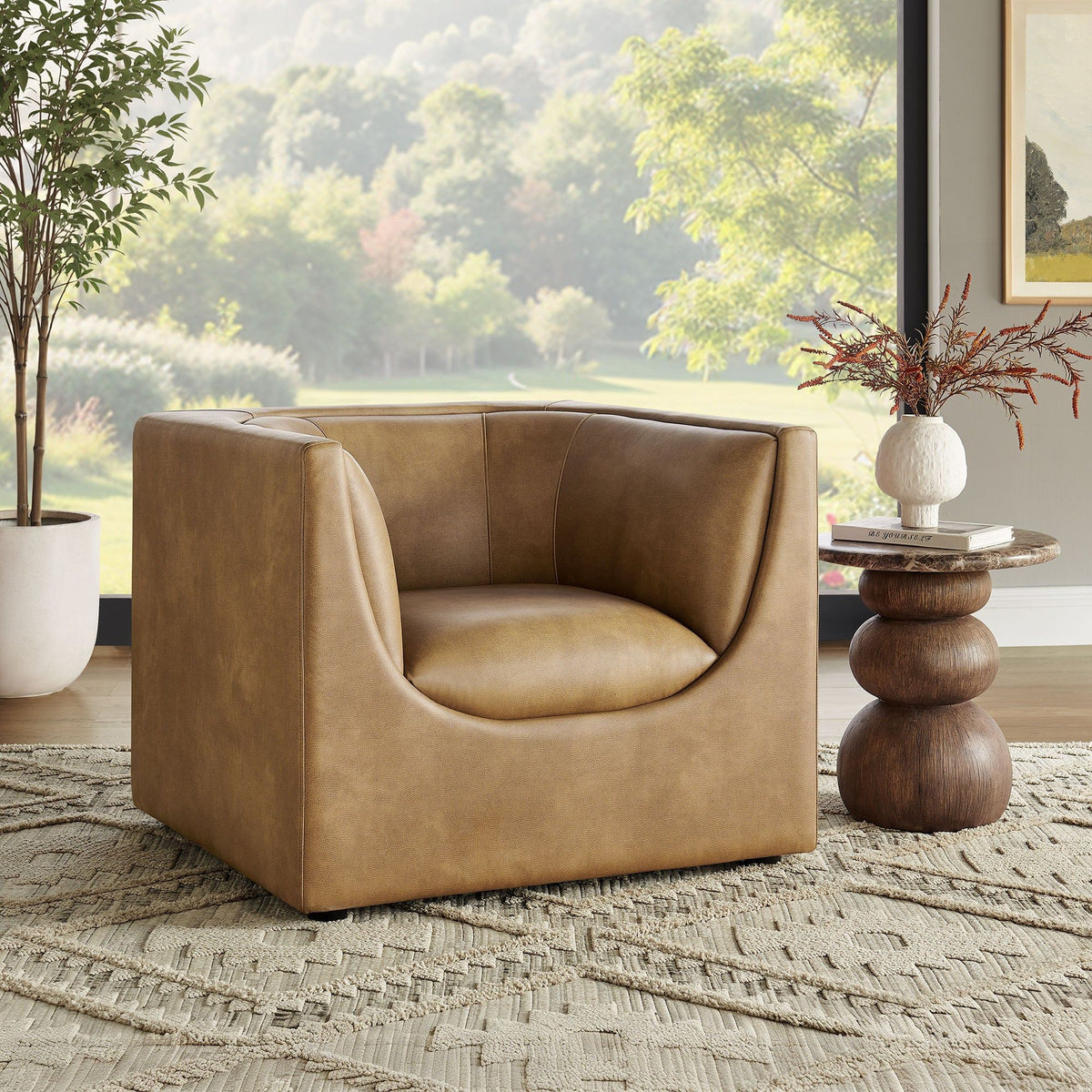 Hilda Curved Back Vegan Leather Armchair - Toast