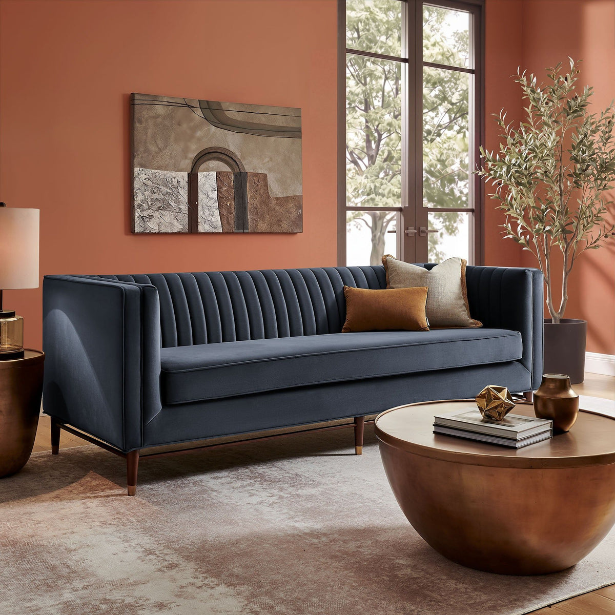 Devote 93 Inch Performance Velvet Channel Tufted Sofa - Marine