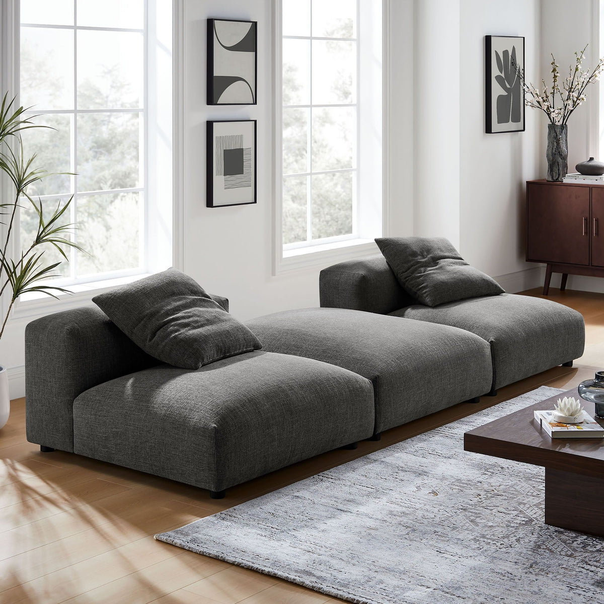 Solace 3-Piece Modular Upholstered Fabric Sectional Sofa - Charcoal