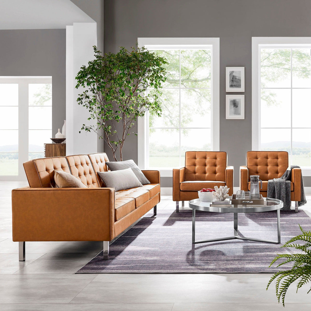 Loft Tufted Vegan Leather 3-Piece Furniture Set - Silver Tan