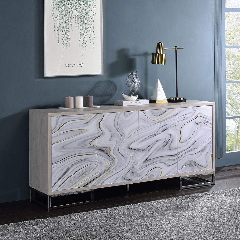 Panos - Console Cabinet - White Marble Print & Chrome