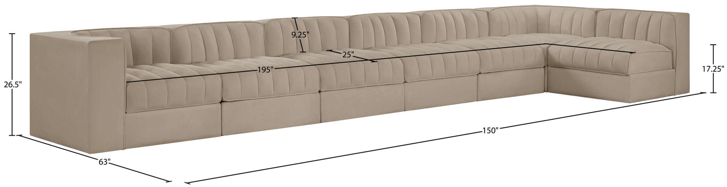 Rummi - Velvet Performance Fabric Upholstered 7 Piece Modular Sectional, L-Shaped (Right)