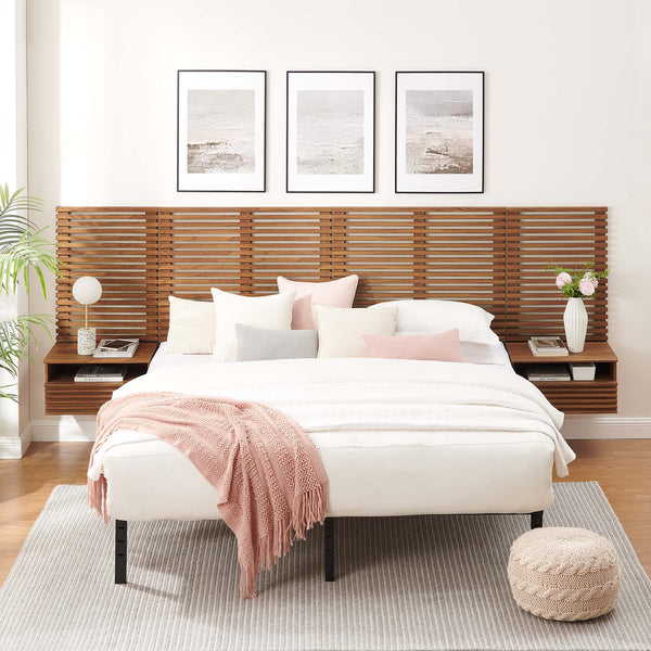 Render Wall Mount Headboard and Modern Nightstands - King, Walnut
