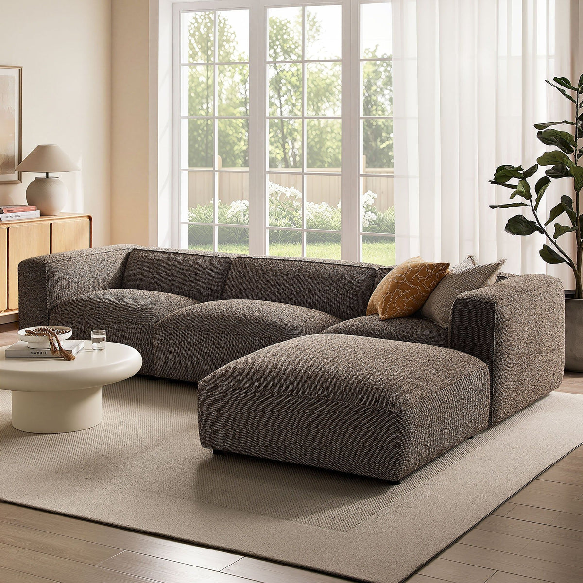 Auren 4-Piece Lattice Boucle Upholstered Modular Sofa with Ottoman - Earth