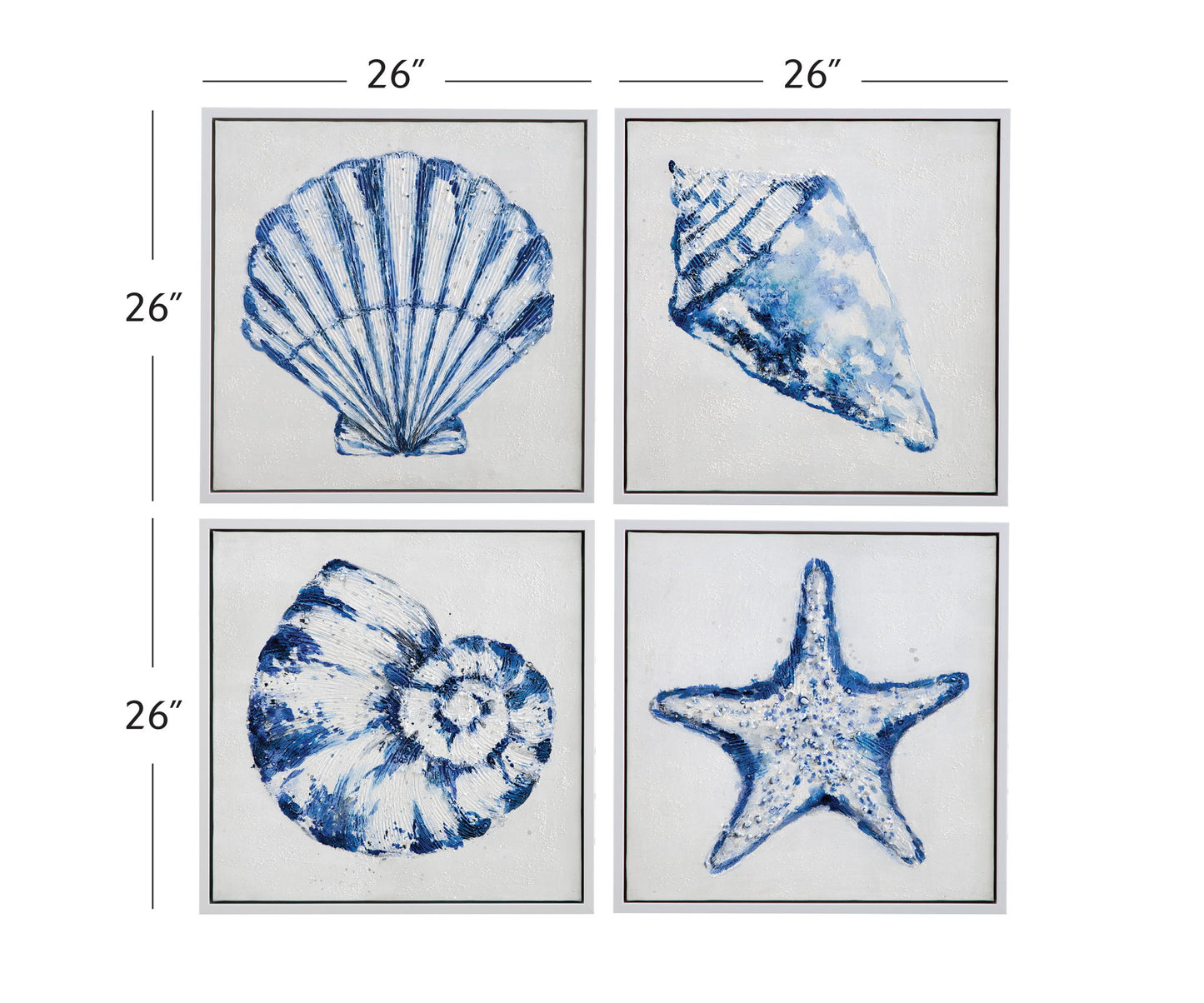 Shells Framed Canvas (Set of 4) - Blue / White