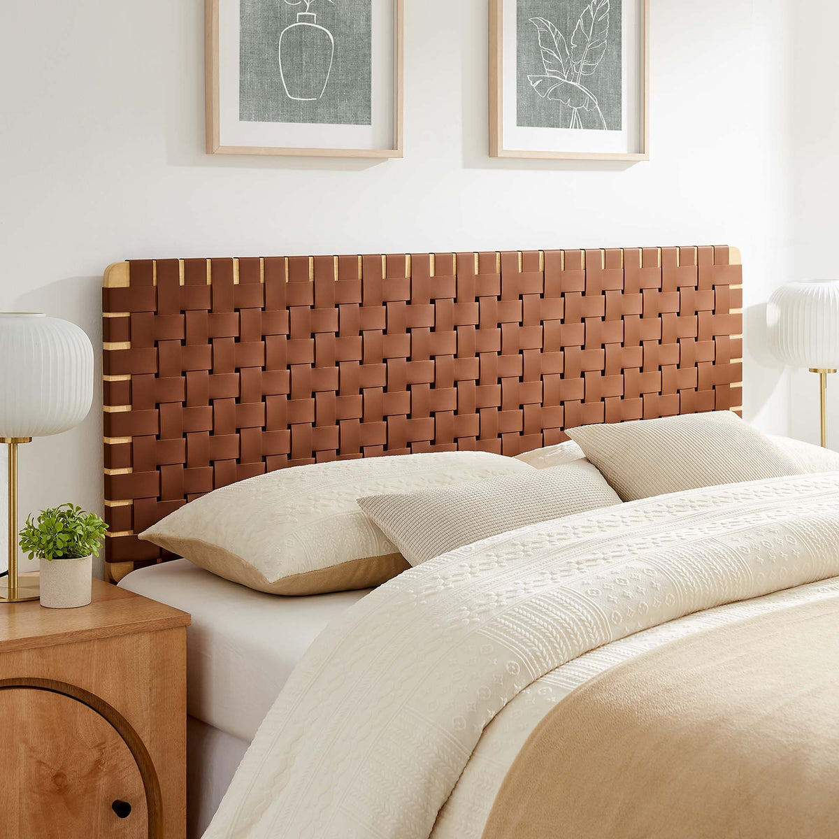 Sparta Weave Vegan Leather Headboard - Queen, Natural Brown