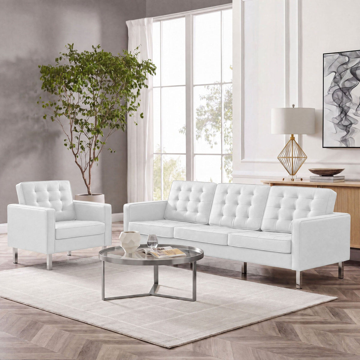Loft Tufted Upholstered Faux Leather Sofa and Armchair Set - Silver White