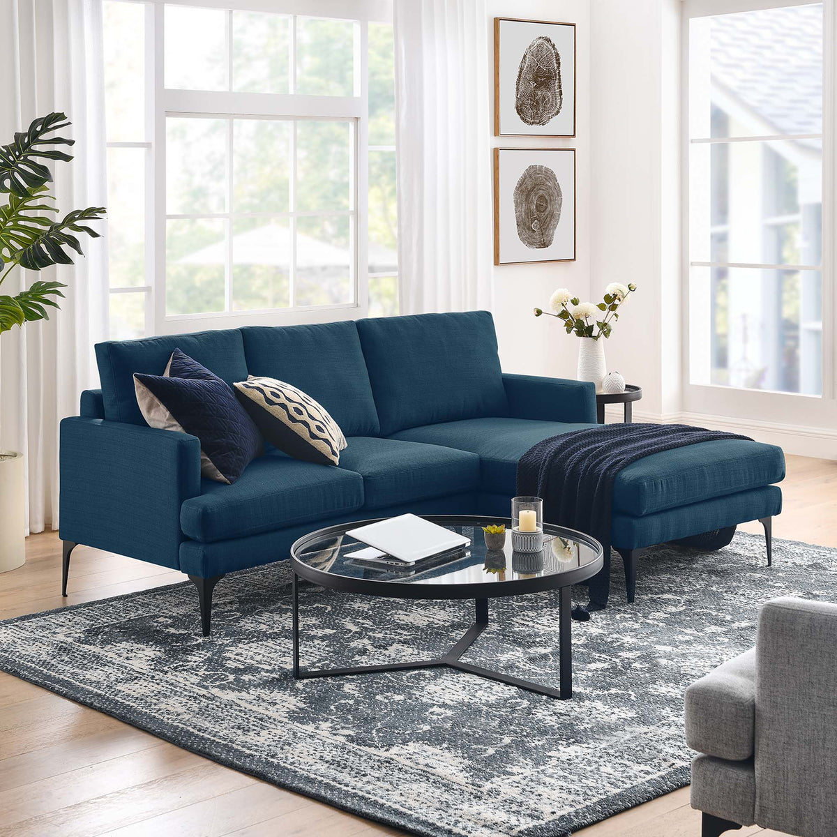 Evermore Right-Facing Upholstered Fabric Sectional Sofa - Azure