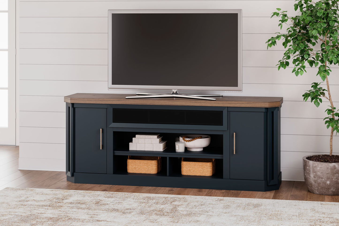 Landocken - XL TV Stand W/Fireplace Option - Brown / Blue