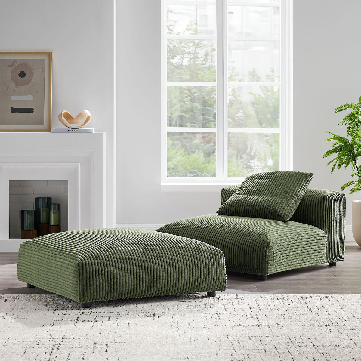 Solace Modular Corduroy Upholstered Armless Chair and Ottoman Set - Fern