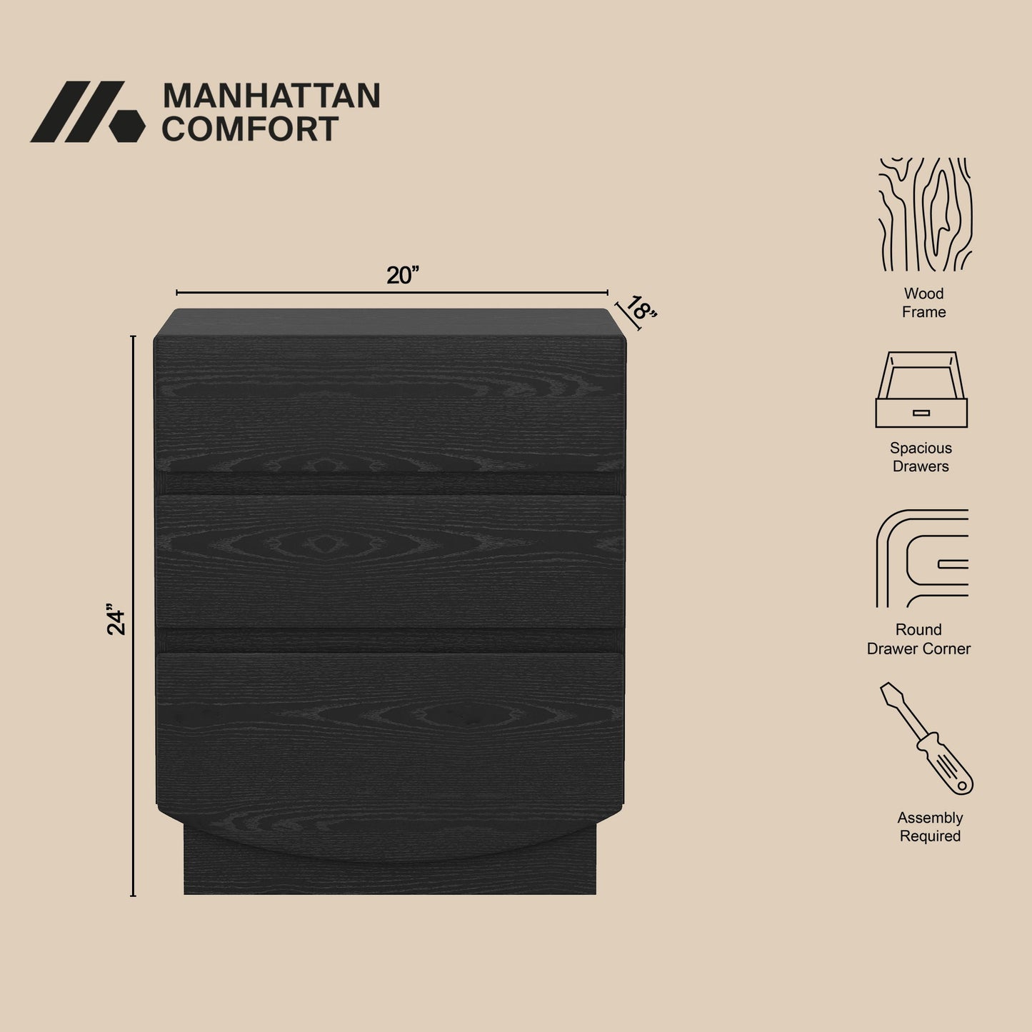 Manhattan Ardea - 3-Drawer Nightstand