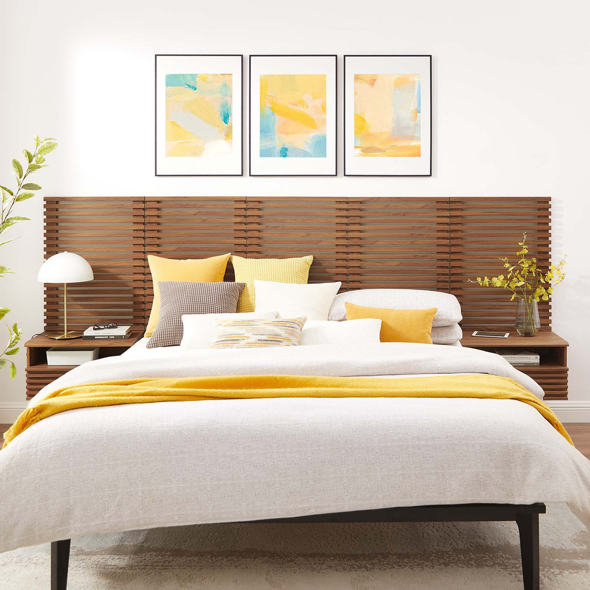 Render Wall Mount Headboard and Modern Nightstands - Queen, Walnut