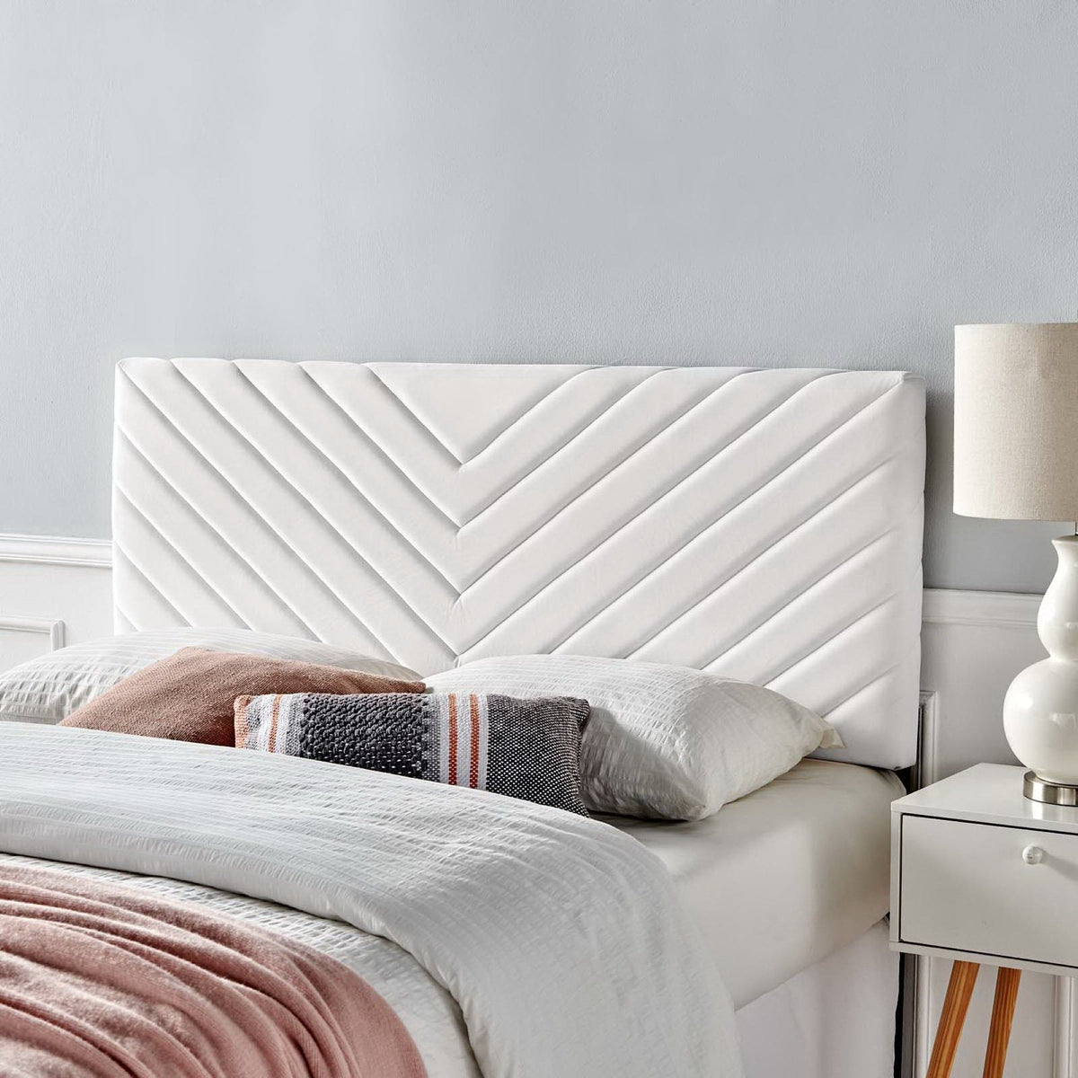 Alyson Angular Channel Tufted Performance Velvet Headboard - Full/Queen, White