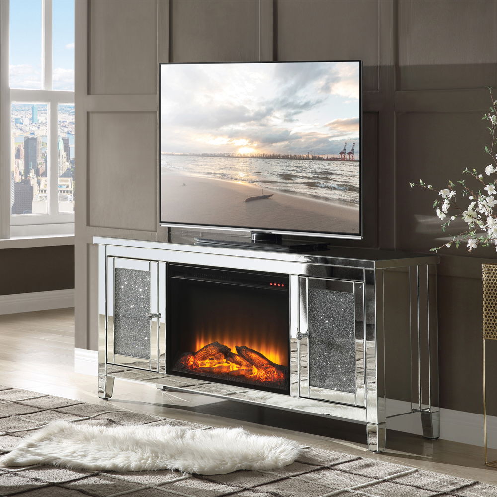 Noralie - 59" X 16" TV Stand With Fireplace - Mirrored & Faux Diamonds