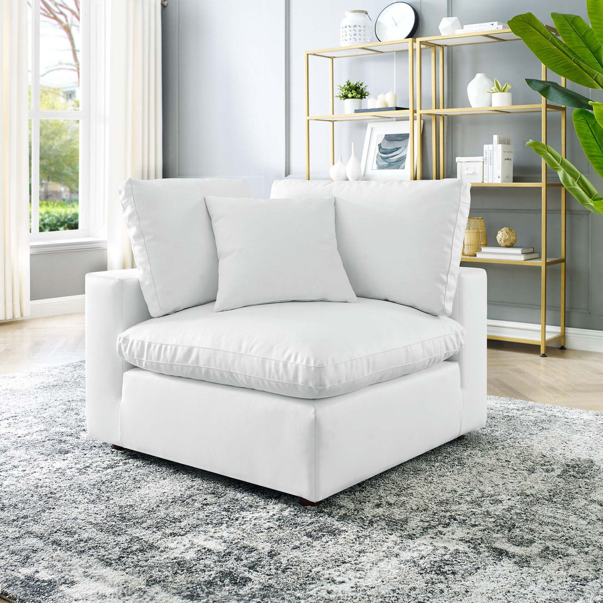 Commix Down Filled Overstuffed Vegan Leather Corner Chair - White